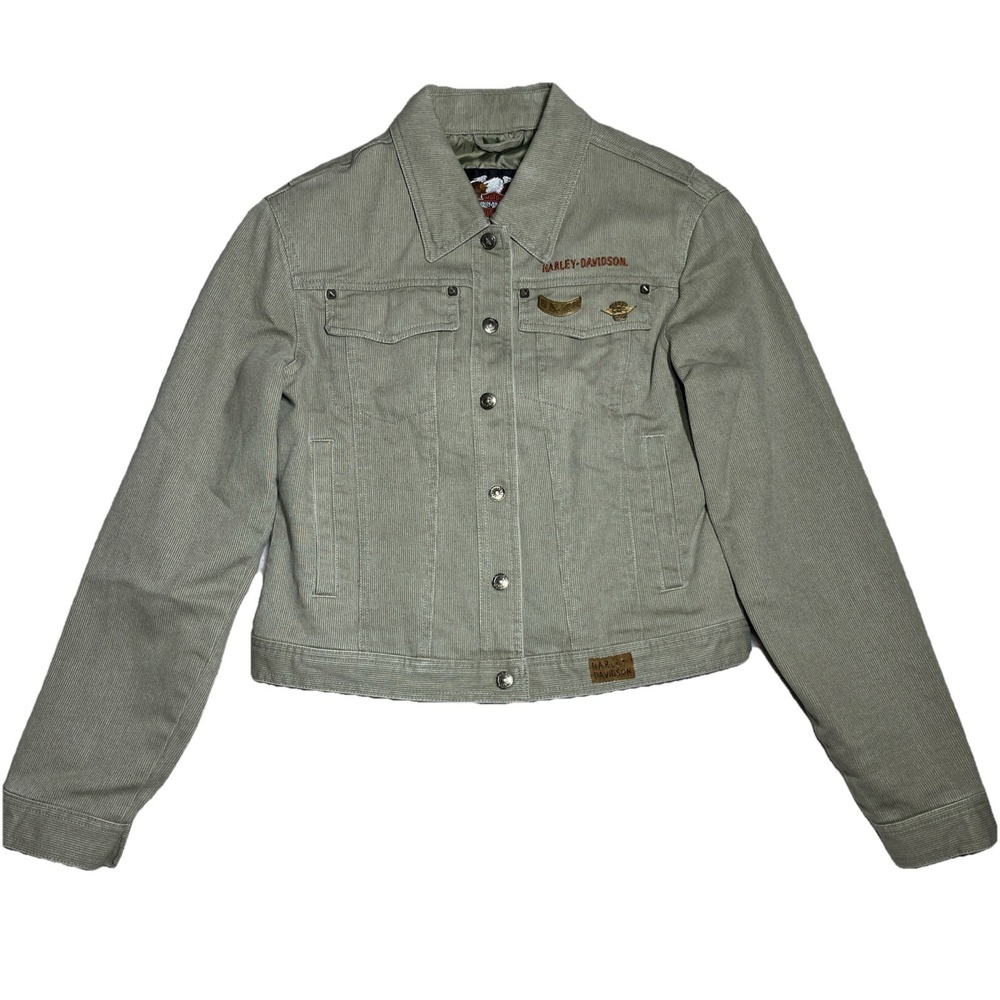 Harley Davidson Womens Corduroy Trucker Jacket Sz Small XS Beige EUC Hog Biker‎